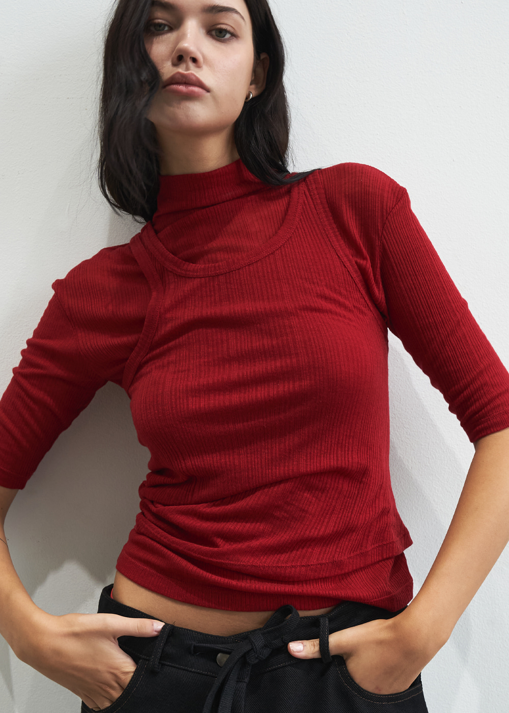 TURTLE NECK LAYERED T-SHIRT_RED